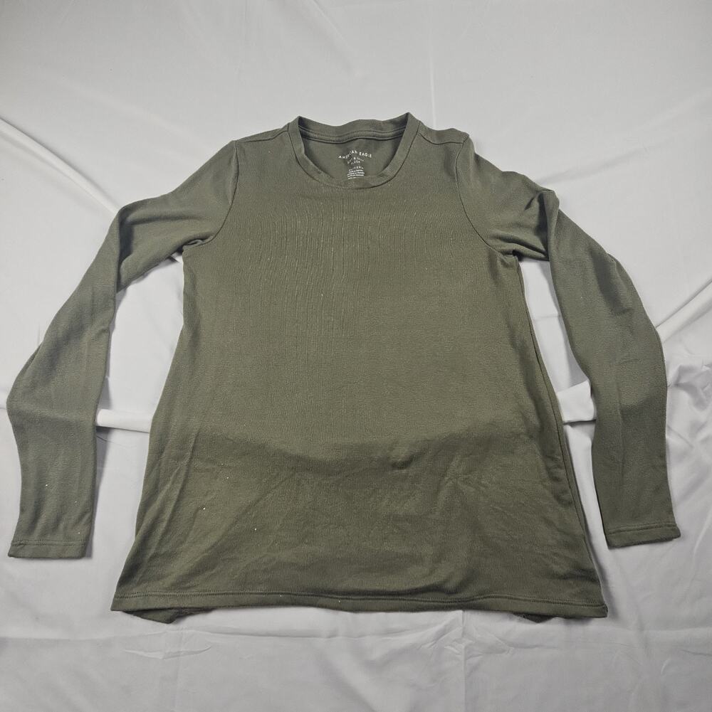 Women's Ribbed Long Sleeve Top Olive Green Stretch by American Eagle L